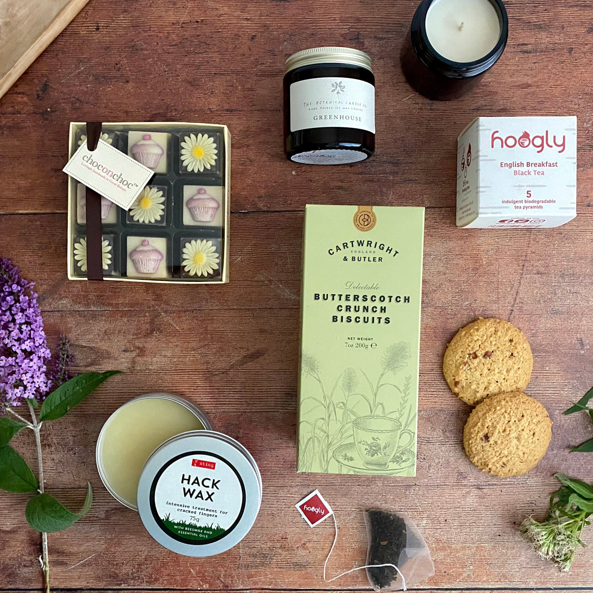 Gardener's Retreat Gift Hamper with Tea Biscuits Chocolate Candle and Hand Wax. Gluten-free option available