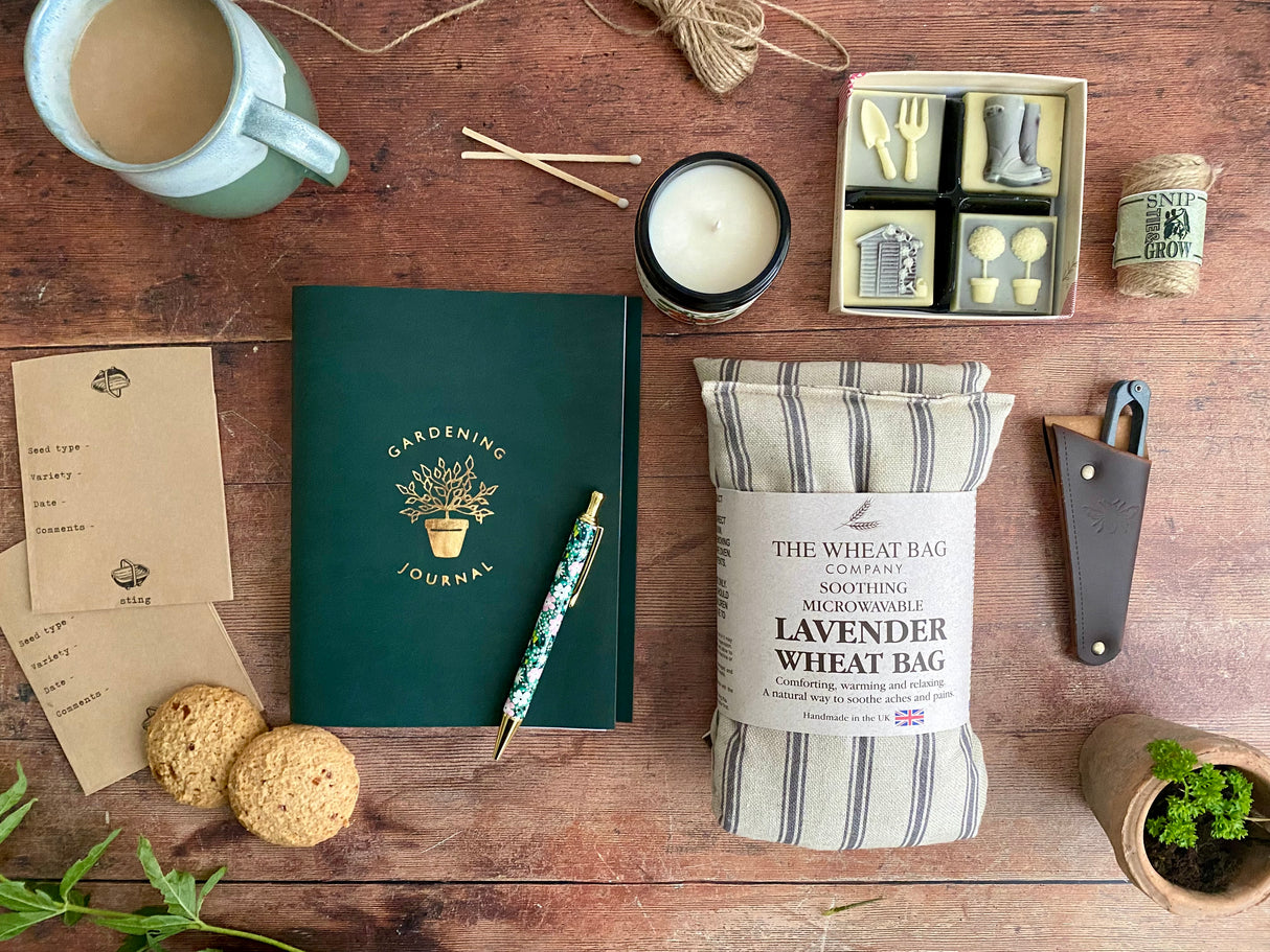 Garden Gift Hamper with Gardening Journal Planner, Lavender Wheatbag, Snips with Pouch, Seed Collecting Envelopes, Mini Twine, Solid Belgain Chocolate Garden Shapes, Tomato Leaf Scented Glass Jar Candle,