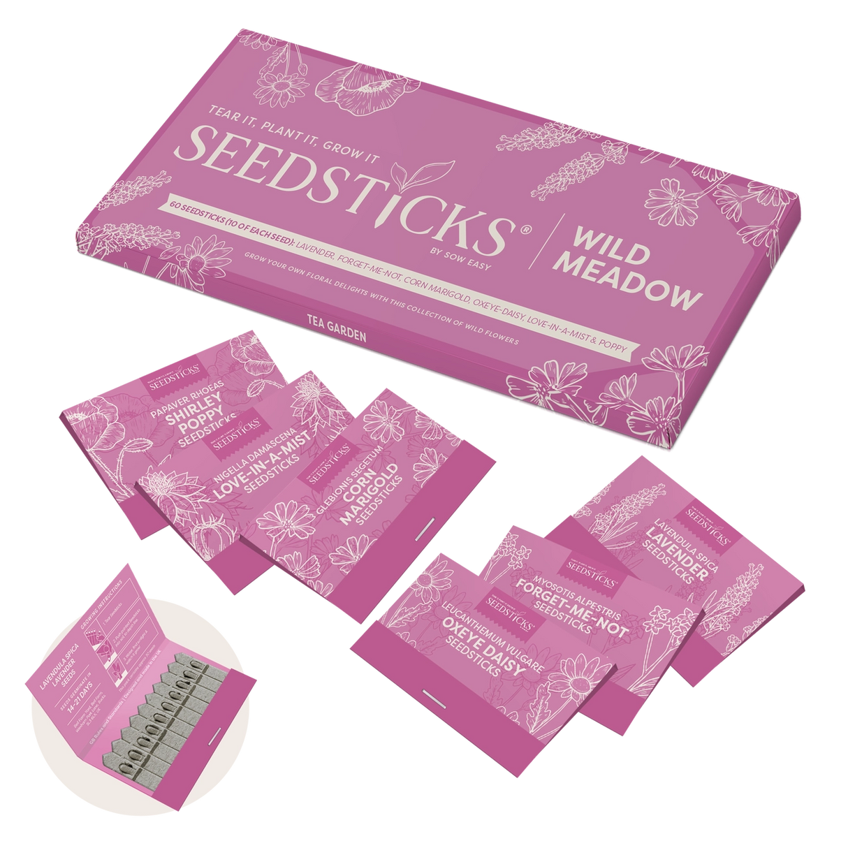 Wild meadow wildflower seed packs by Seedsticks Oxeye daisy, forget-me-not, corn marigold, lavender, poppy and love-in-a-mist