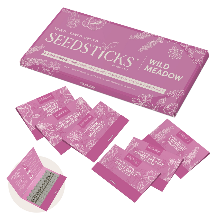 Wild meadow wildflower seed packs by Seedsticks Oxeye daisy, forget-me-not, corn marigold, lavender, poppy and love-in-a-mist