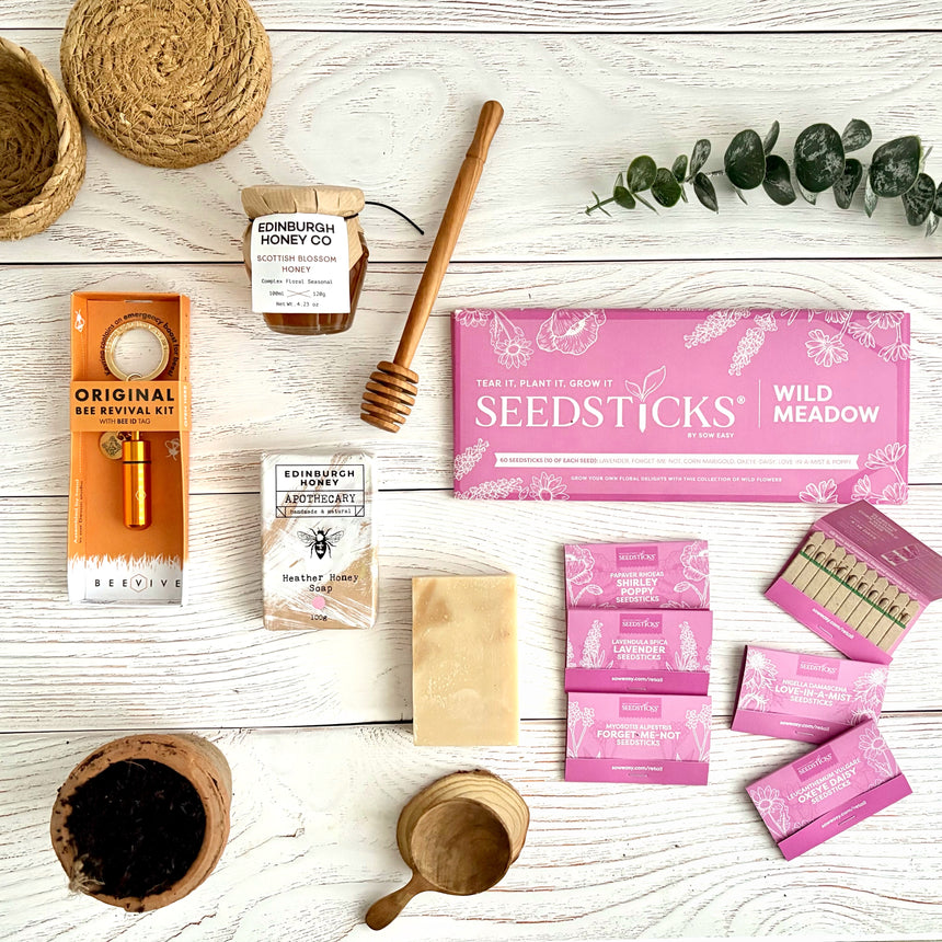Bee And Bloom Gift Box with wild flower seeds, beevive, honey soap & scottish blossom honey