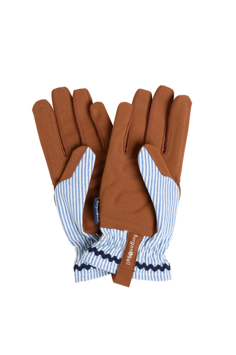 Pair of ladies gardening gloves with brown leather palm and blue striped cuffs on a white background