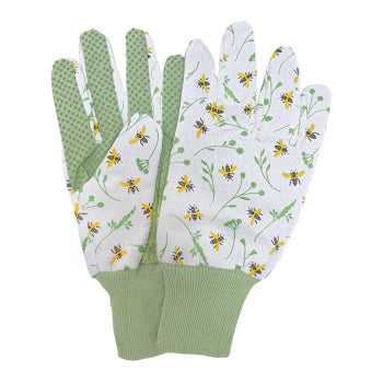Lightweight cotton bee print gardening gloves with PVC dot grips 