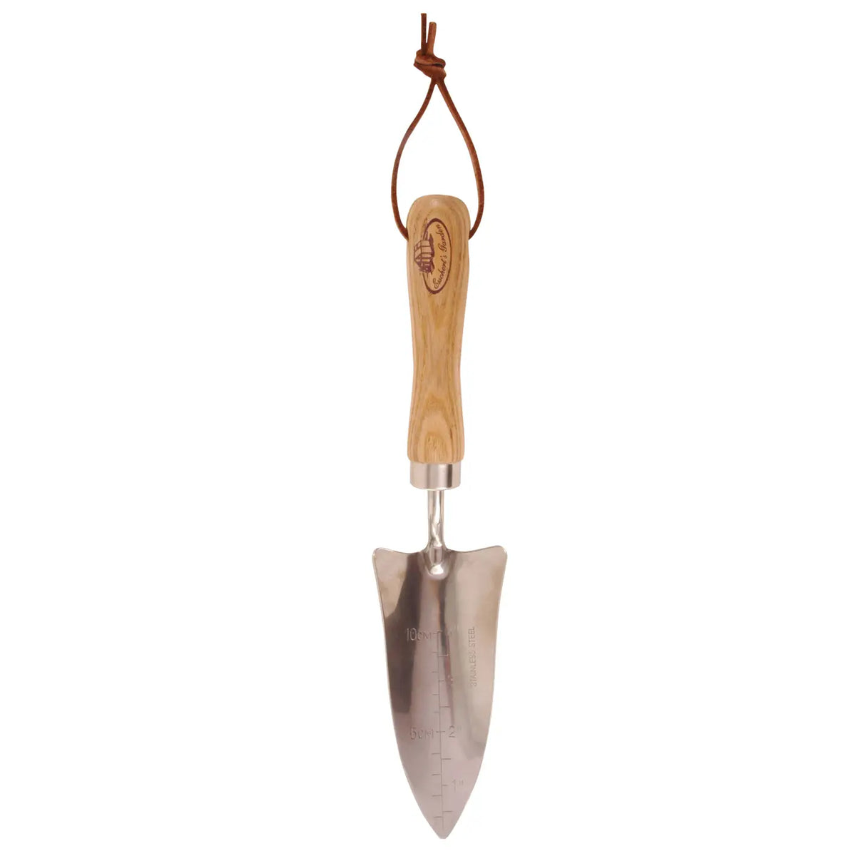 Transplanter trowel for seedlings with wooden handle and depth markings on head