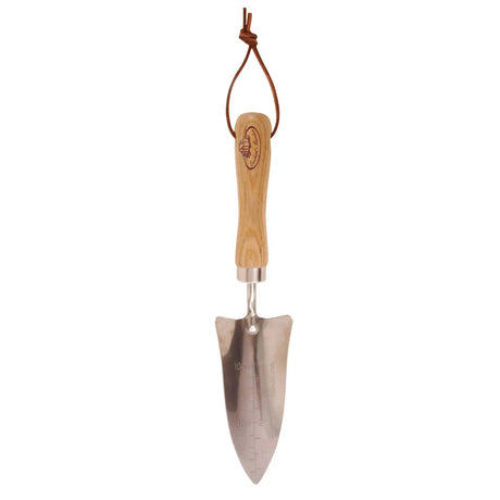 Transplanter trowel for seedlings with wooden handle and depth markings on head