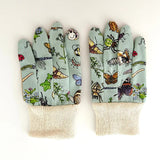 Children's Gardenin Gloves with garden insect patter on blue background & elasticated cuffs