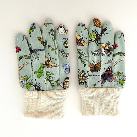 Children's Gardenin Gloves with garden insect patter on blue background & elasticated cuffs