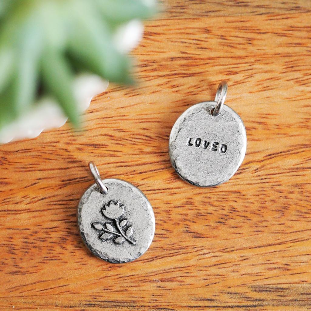 Floral 'loved' Pewter Charm