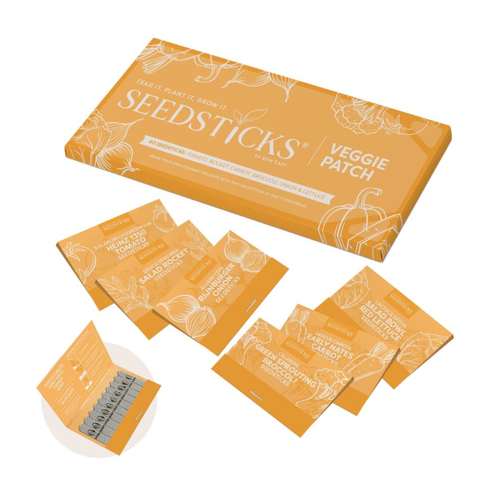 Box of Seedsticks Veggie Patch with individual packets on a white background